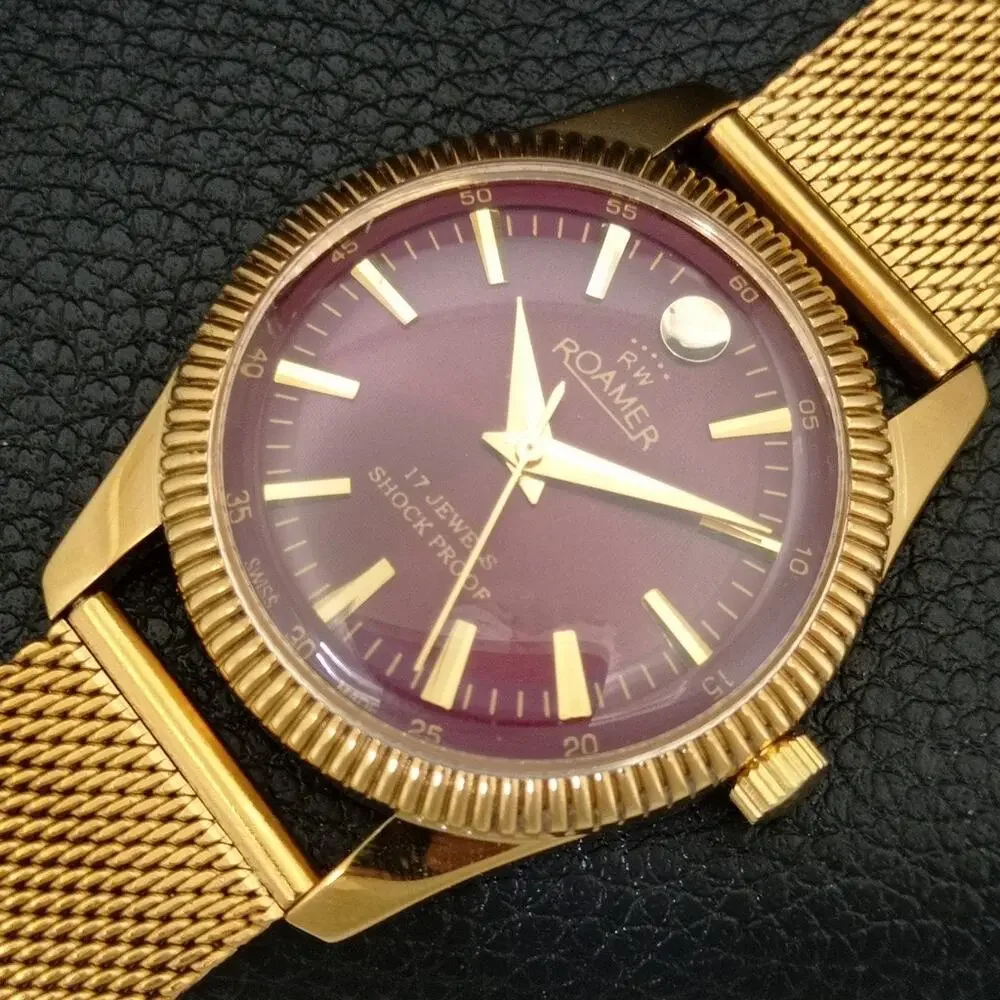 Vintage 1971 Roamer Manual Mens Gold Watch W/Metal Strap & Red accents